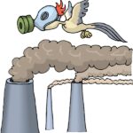 рисунок, птица летит в противогазе над дымящими трубами